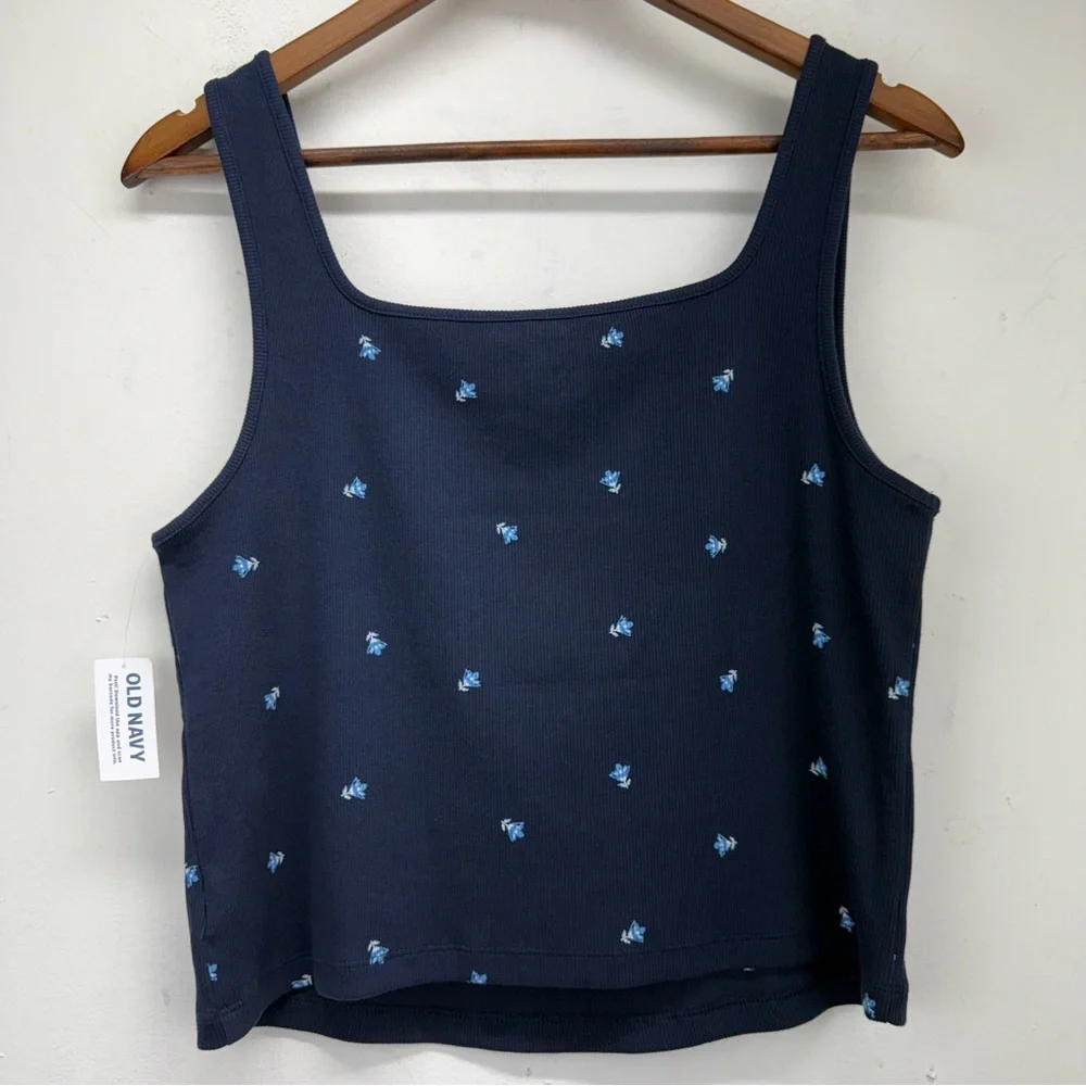 Old Navy size XL Women’s Navy Blue Floral Ultra-Crop Rib-Knit Top - Picture 8 of 8